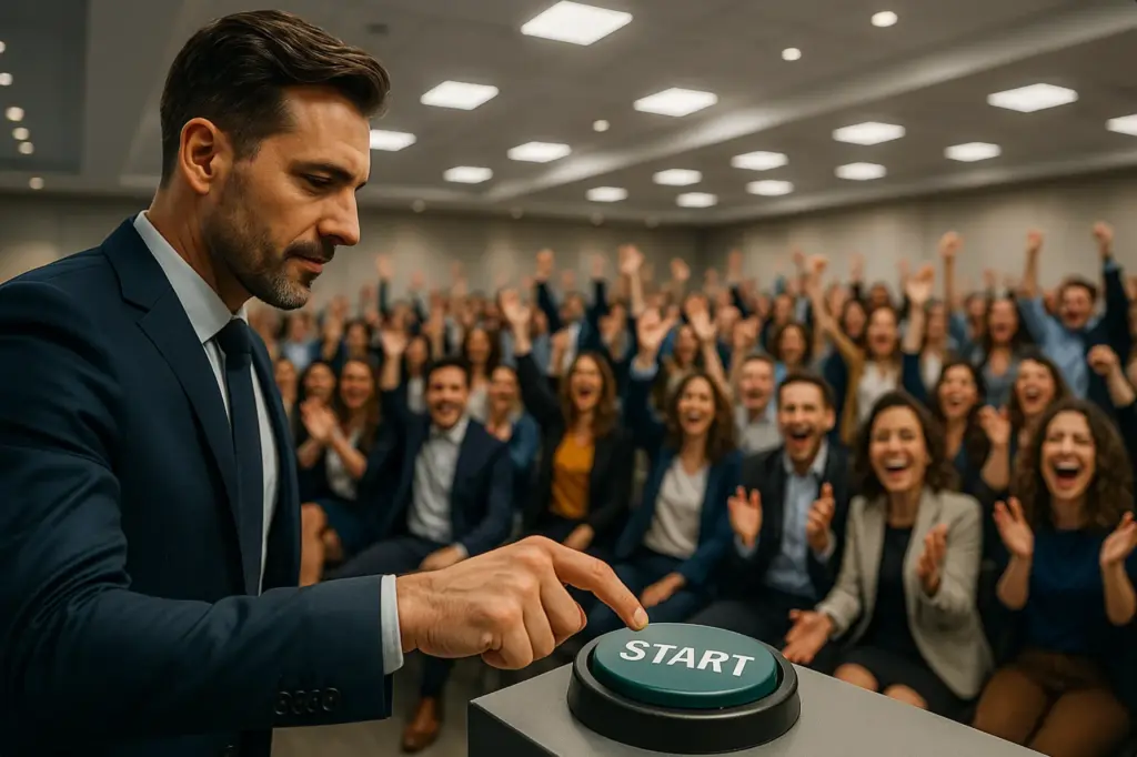Eventmanager drückt auf Start-Knopf und aktiviert jubelndes Publikum – Eventjoker Publikum mieten