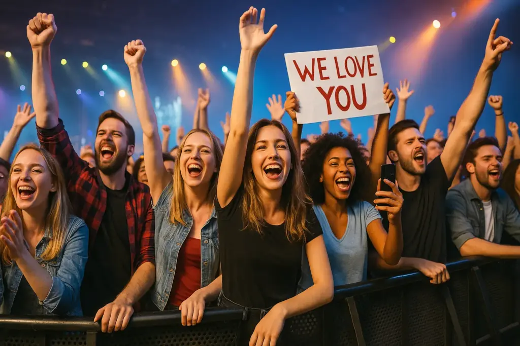 Jubelnde Fans in der ersten Reihe bei einem Konzert – Eventjoker Rent a Fan Service